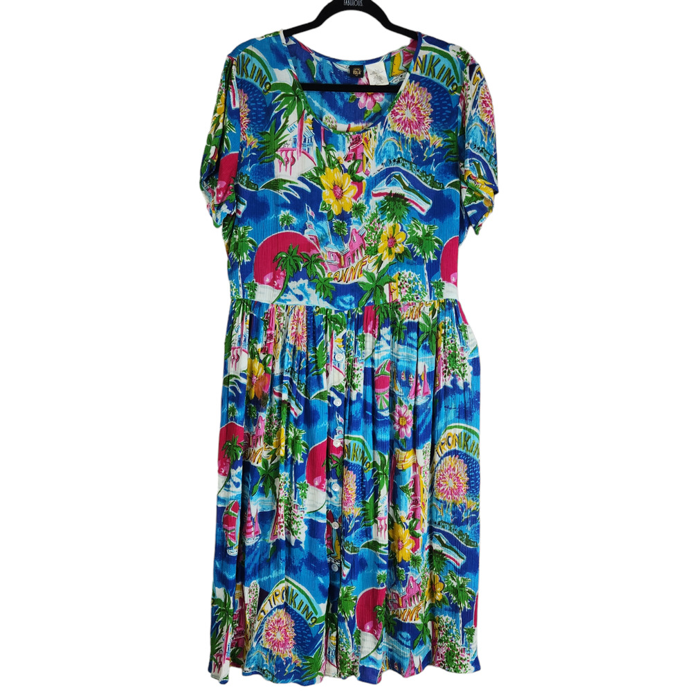 Bila Womens Midi Dress Large Floral Scenic Beach Ocean Floral Hibiscus Hawaiian